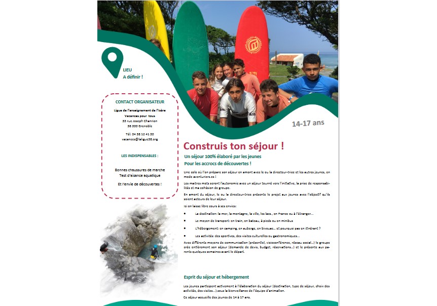Lire la suite à propos de l’article INSCRIPTION SEJOUR ETE 14/17 ANS